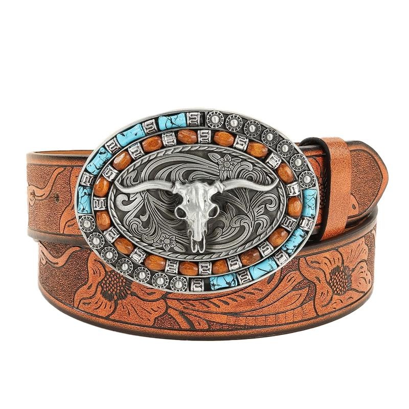 Men’s Vintage Embossed Western Cowhide Leather Belt 83232677Y Brown