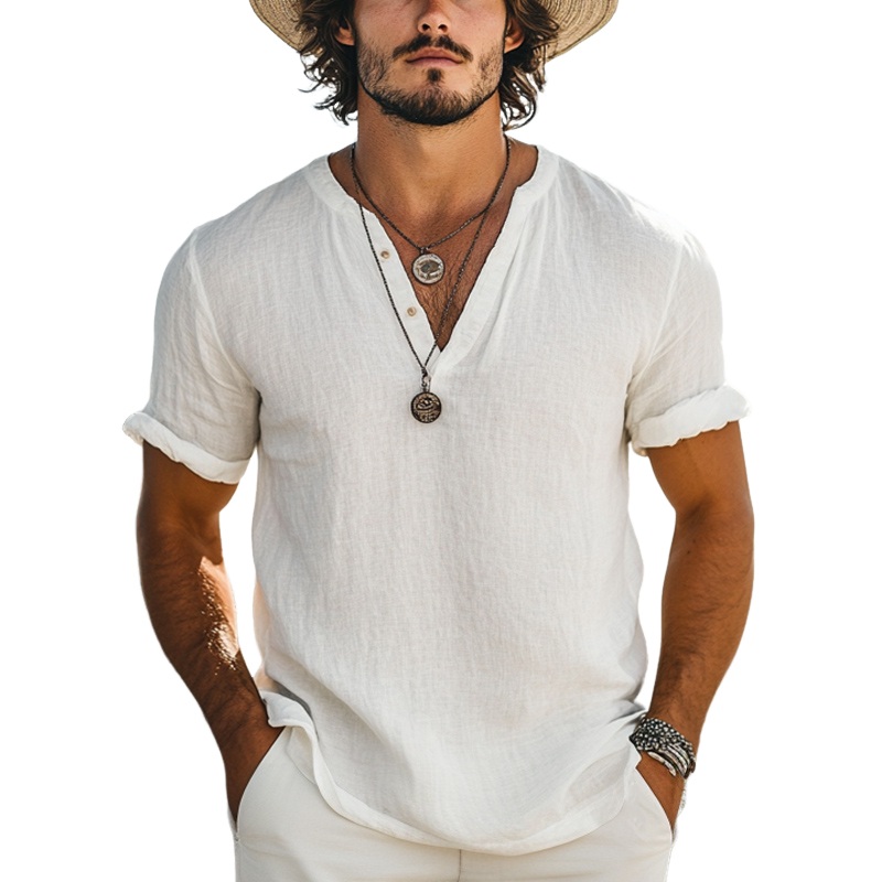 24-hour shipping outMen’s Casual Simple V-neck Cotton Short-sleeved T-shirt 60363446U White