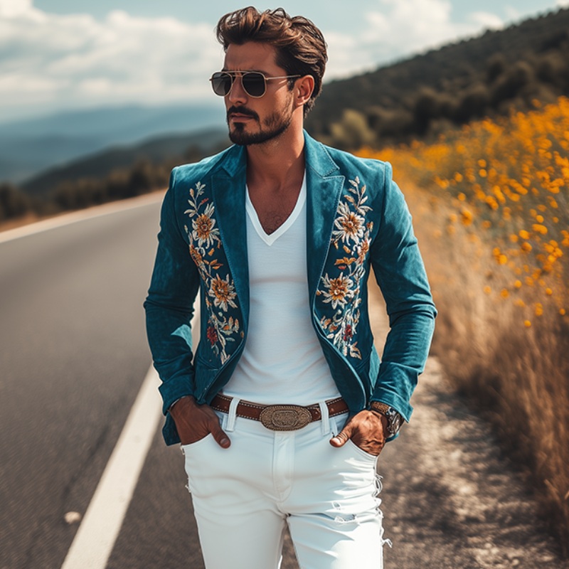24-hour shipping outMen’s Classic Retro Casual Slim Fit Western Style Embroidered Sheepskin Suede Blazer 67207851K Blue
