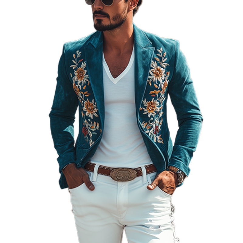 24-hour shipping outMen’s Classic Retro Casual Slim Fit Western Style Embroidered Sheepskin Suede Blazer 67207851K Blue