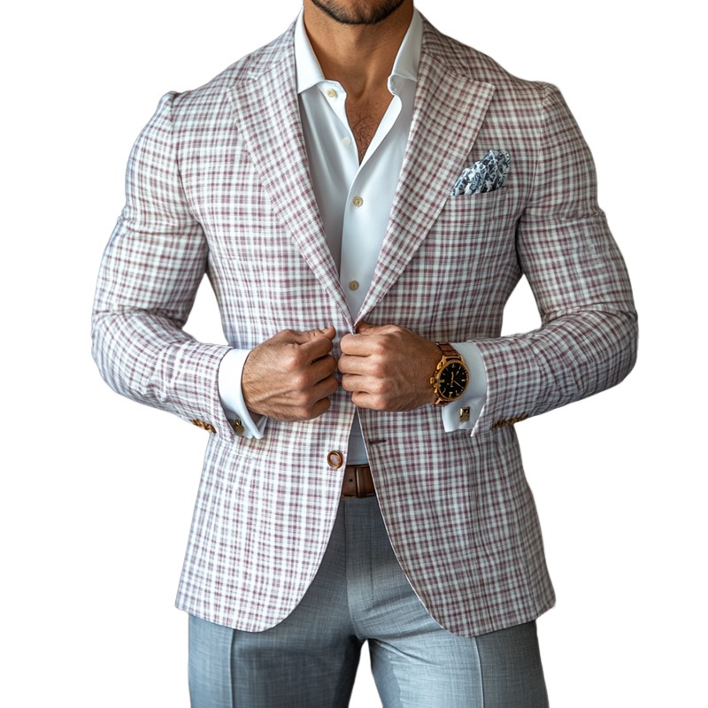 24-hour shipping outMen’s Fashion Spring Summer Checked Notch Lapel Two Buttons Blazer 27493292Z Pink