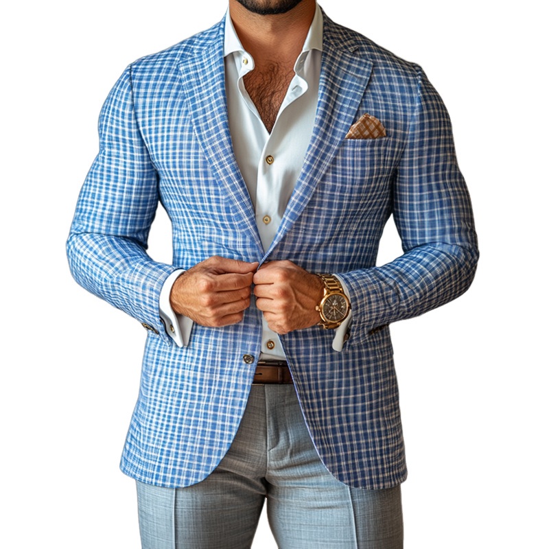 24-hour shipping outMen’s Fashion Spring Summer Checked Notch Lapel Two Buttons Blazer 49679215Z Blue