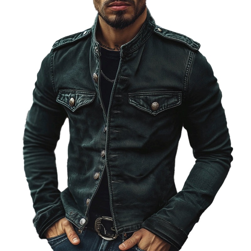 24-hour shipping outMen’s Vintage Stand Collar Denim Jacket 75697045X Blue