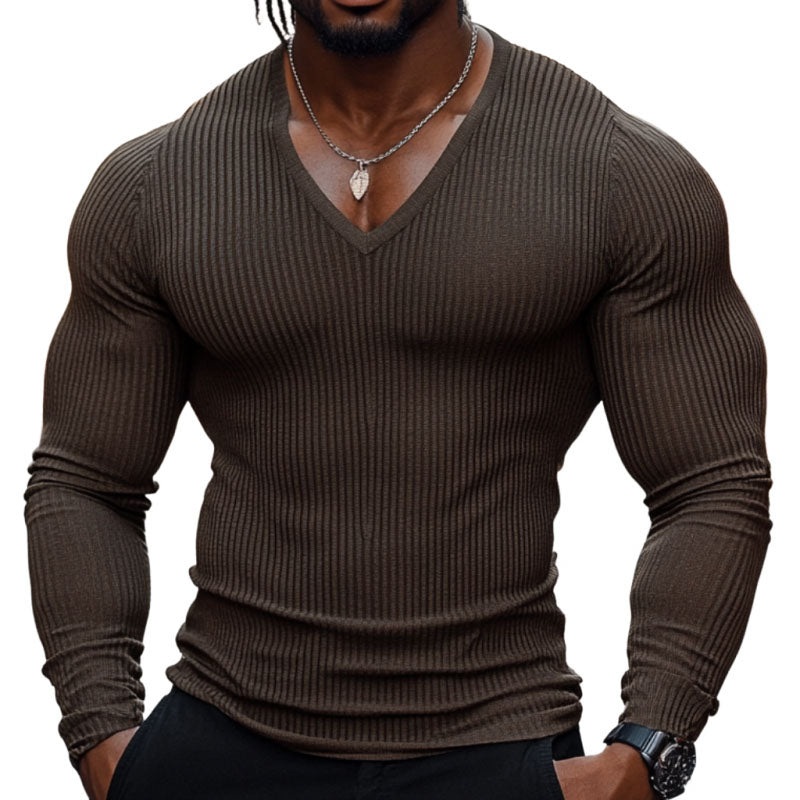 Men’s Casual Cotton Blended Stipe V-neck Tight Long-sleeved T-shirt 27709527M Coffee