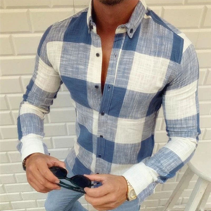 Men’s Casual Cotton Plaid Lapel Slim Fit Long Sleeve Shirt 90486726M Blue