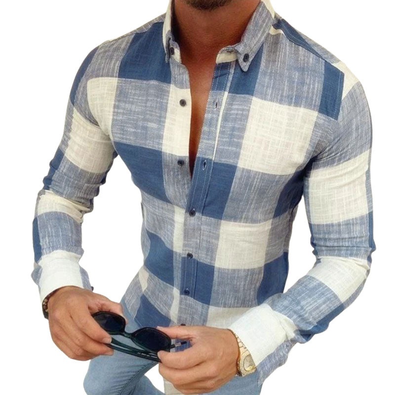 Men’s Casual Cotton Plaid Lapel Slim Fit Long Sleeve Shirt 90486726M Blue