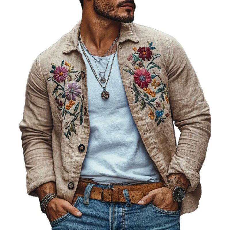Men’s Casual Linen Embroidered Lapel Loose Long Sleeve Shirt 13095416M Light Khaki