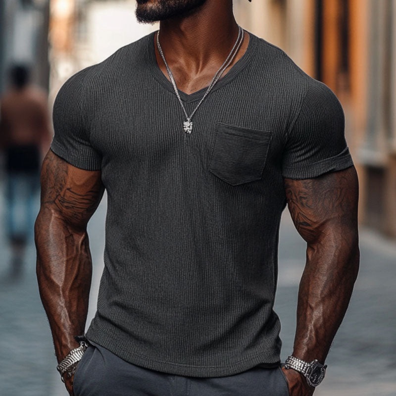 Men’s Casual Ribbed Cotton Blend V-neck Slim Fit Short-sleeved T-shirt 51265184M Dark Gray