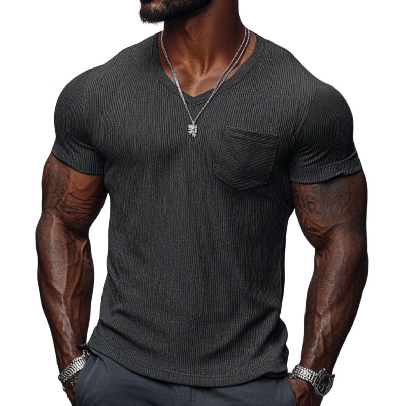 Men’s Casual Ribbed Cotton Blend V-neck Slim Fit Short-sleeved T-shirt 51265184M Dark Gray