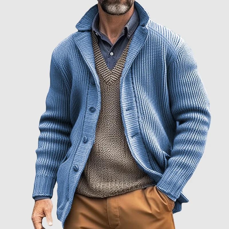 Men’s Solid Lapel Single Breasted Casual Knit Cardigan 85899995Z Light Blue