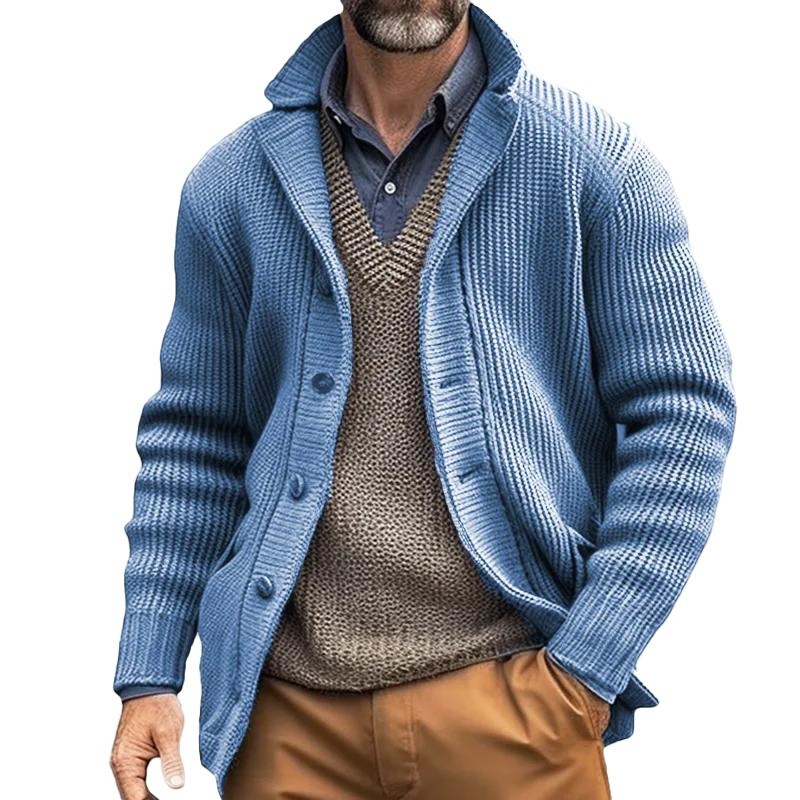 Men’s Solid Lapel Single Breasted Casual Knit Cardigan 85899995Z Light Blue