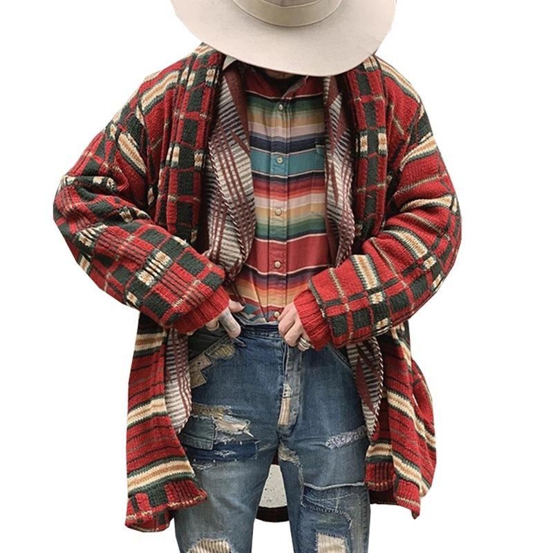 Men’s Vintage Check Jacquard Loose Knit Cardigan 25744659M Red