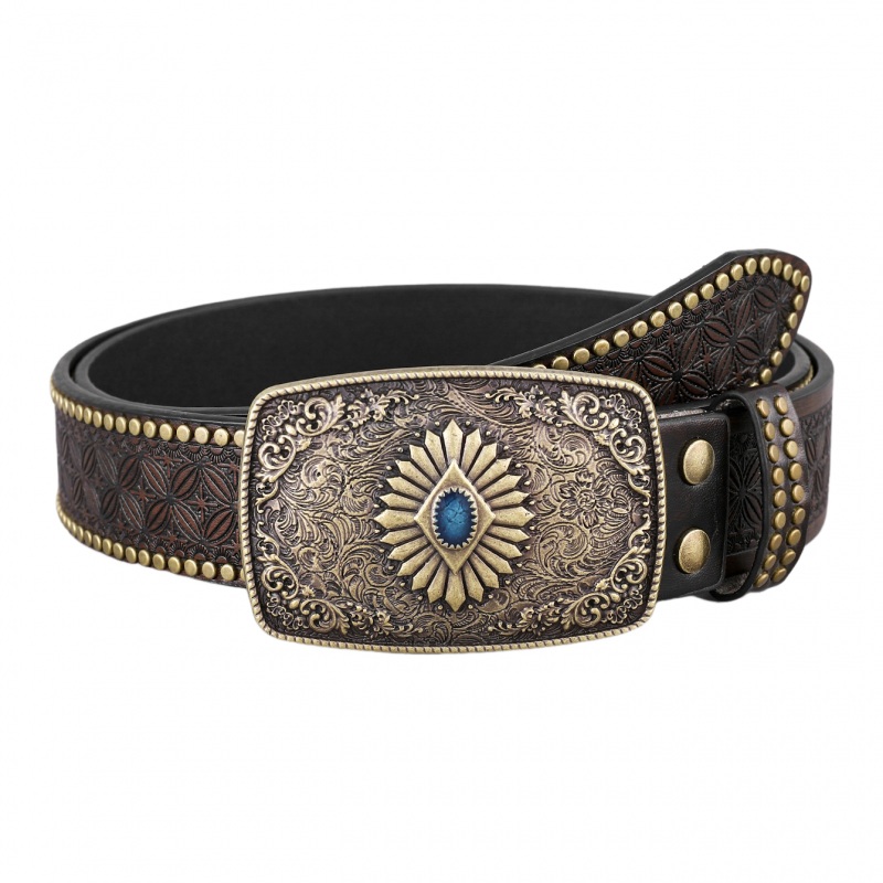 Men’s Vintage Embossed Rivet Western Cowboy Leather Belt 83246263M Gem