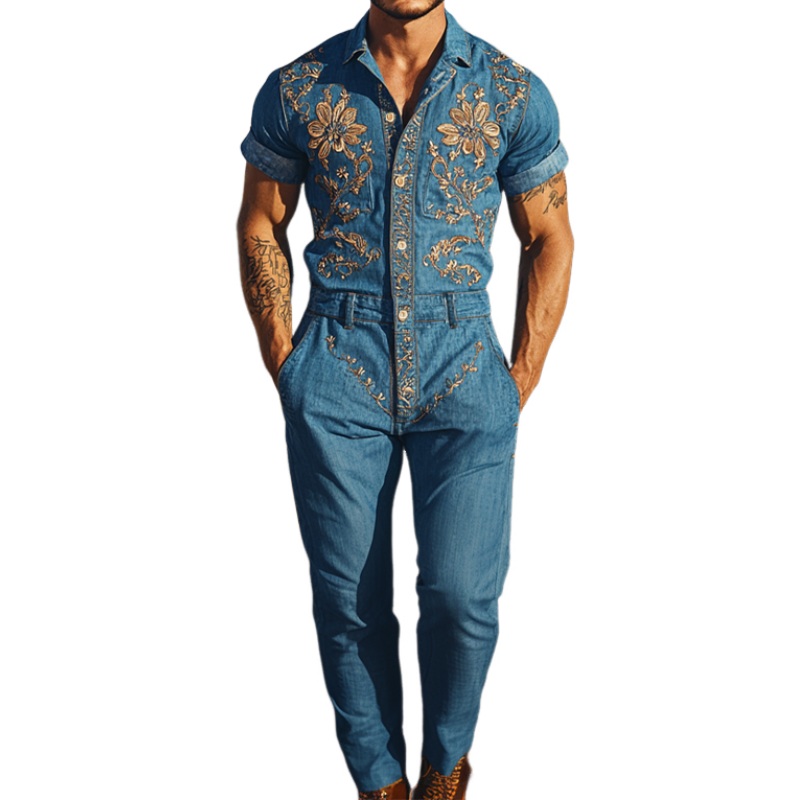 24-hour shipping outMen’s Summer Fashion Casual Classic Western Style Tencel Denim Embroidered Jumpsuit MTA1244D2K Denim Blue