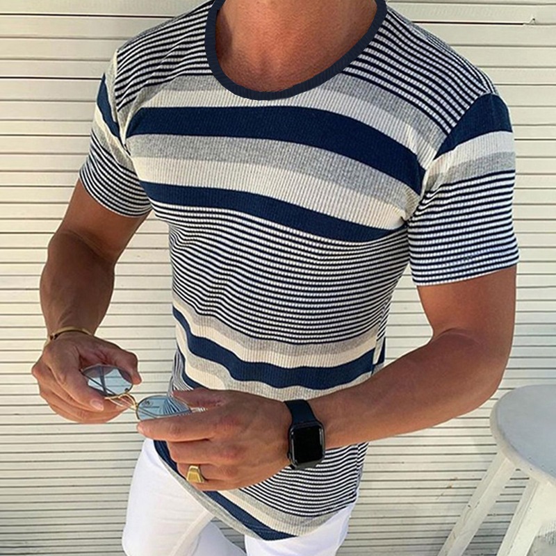 Men’s Spring and Summer Casual Horizontal Stripe Knit Short Sleeve T-Shirt MTA1978C7K Navy