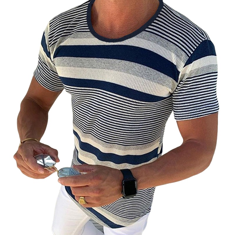 Men’s Spring and Summer Casual Horizontal Stripe Knit Short Sleeve T-Shirt MTA1978C7K Navy