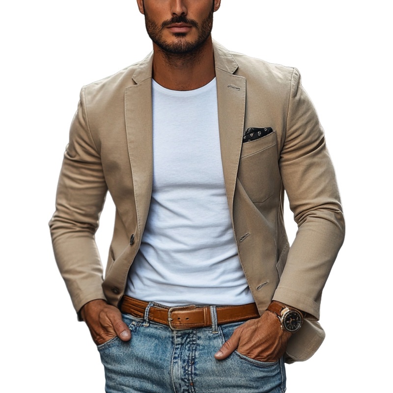 Men’s Casual Breathable Cotton Notched Lapel Single Breasted Slim Fit Blazer MTA2309D8M Light Khaki