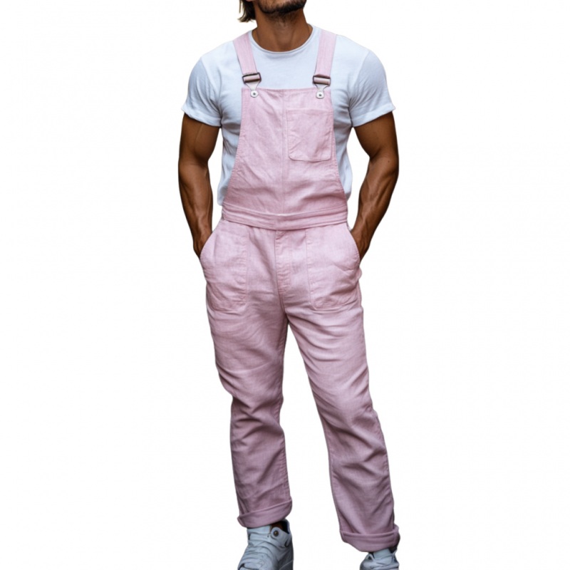 Men’s Casual Breathable Linen Solid Color Multi-Pocket Straight Trousers Jumpsuit MTA2716E8M Pink