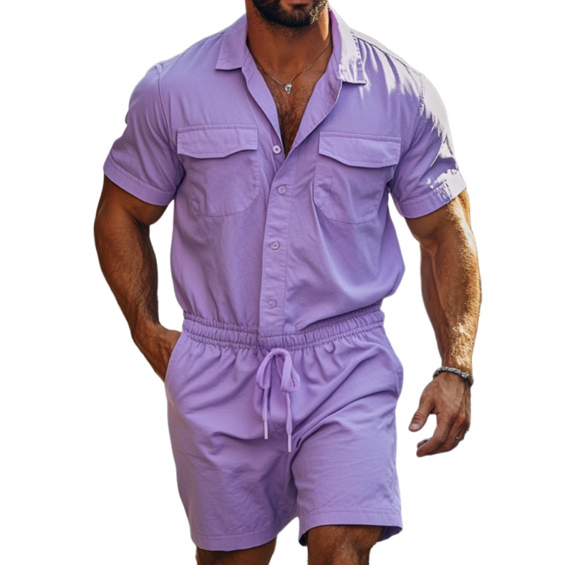 Men’s Casual Breathable Cotton Lapel Chest Pocket Short Sleeve Elastic Waist Shorts Jumpsuit MTA1384F2M Violet