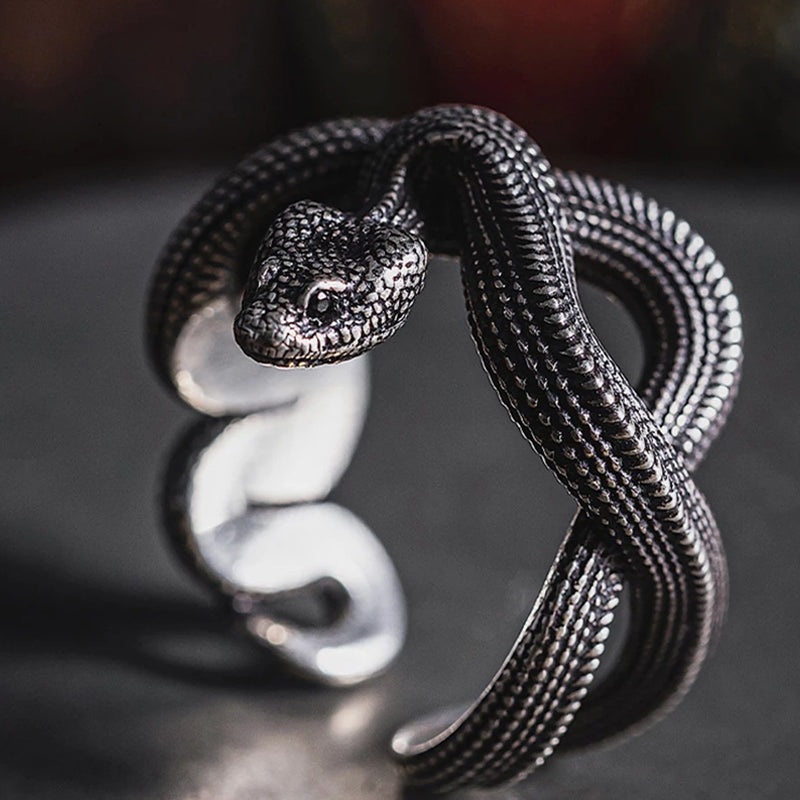 Men’s Retro Punk Style Three-Dimensional Python S925 Silver Adjustable Ring MTA3029F5M Black
