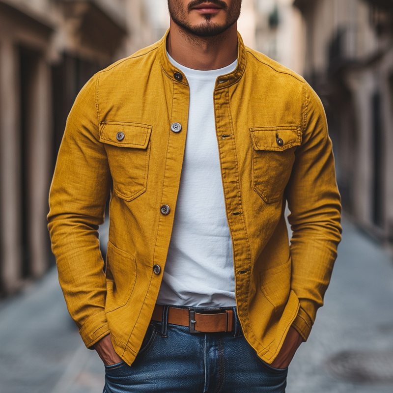 Men’s Casual Breathable Solid Color Cotton Stand Collar Single Breasted Multi-pocket Cargo Jacket MTA0347G1M Yellow