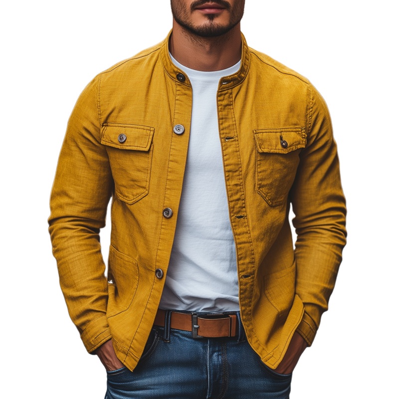 Men’s Casual Breathable Solid Color Cotton Stand Collar Single Breasted Multi-pocket Cargo Jacket MTA0347G1M Yellow