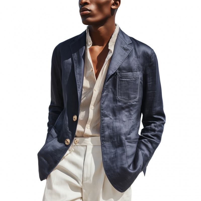 Men’s Casual Solid Color Tencel Blended Notch Lapel Single-breasted Slim-fit Blazer MTA1196G5M Navy