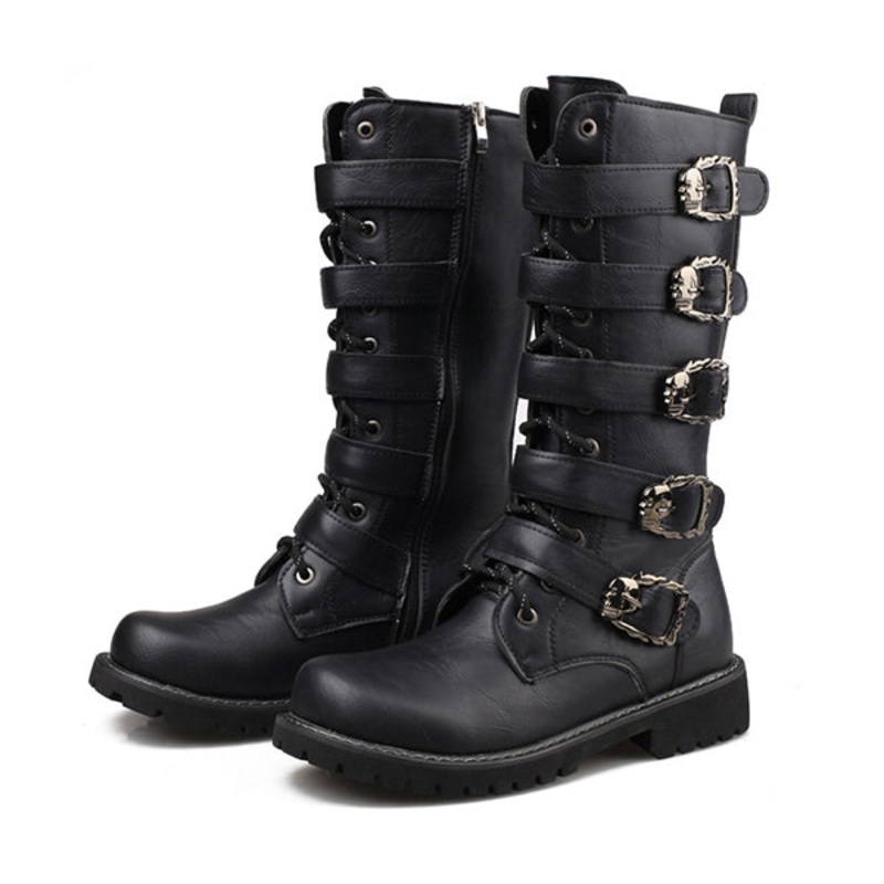 MEN’S LACE UP METAL SKULL BUCKLE DESIGN LACE UP BOOTS MTA1716G2I Black