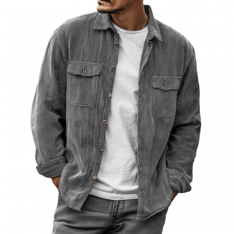 Men’s Casual Breathable Striped Cotton Lapel Flap Pocket Loose Long Sleeve Shirt Jacket MTA1829G2M Gray