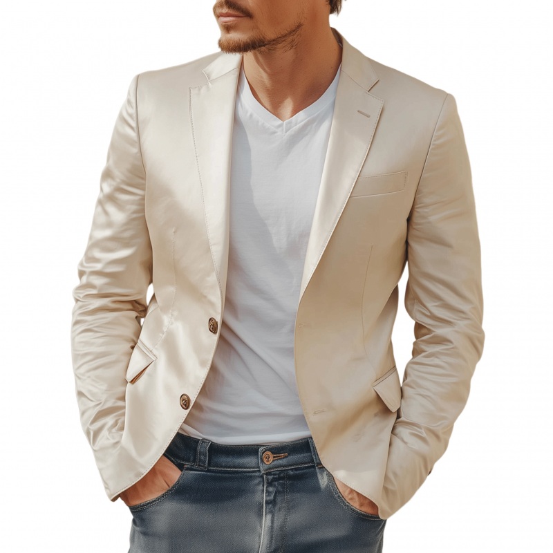 Men’s Casual Elegant Solid Color Satin Notch Lapel Single Breasted Slim Fit Blazer MTA2862G8M Beige