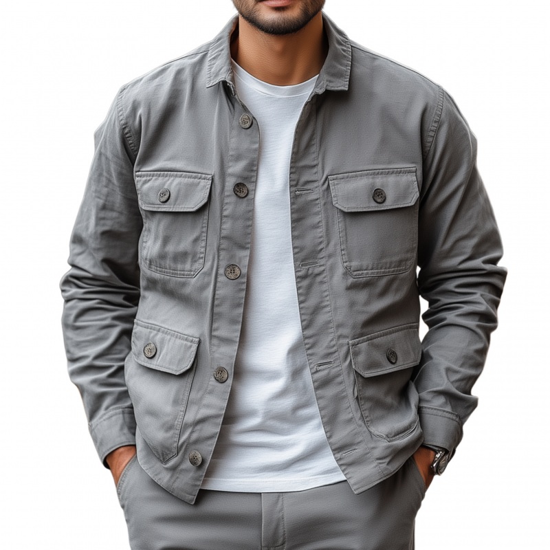 Men’s Casual Outdoor Solid Color Breathable Cotton Washed Lapel Multi-Pocket Work Jacket MTA2508G5M Gray