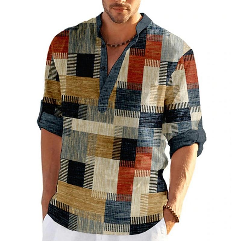 Men’s Summer Ethnic Print Stand Collar Half Sleeve Shirt 52463329X Orange