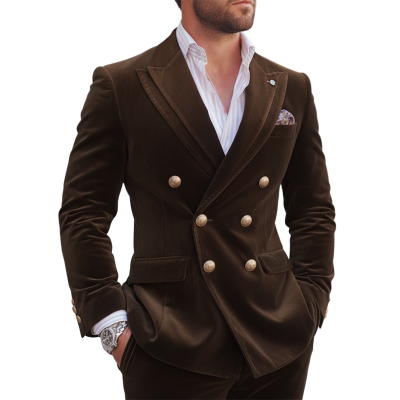 Men’s Business Coffee Velvet Double-Breasted Double-Vent Blazer MTA0440K2U Coffee