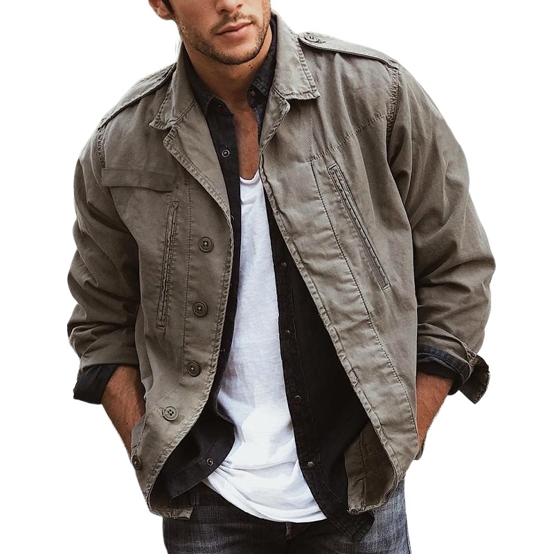 Men’s Classic Retro Grey Distressed Cotton Button Jacket MTA0361K7U Grey