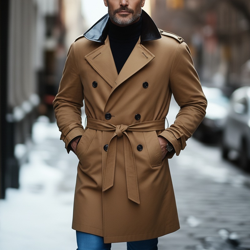 Men’s Simple Retro PU Faux Leather Collar Cotton Blend Trench Coat(with Belt) MTA0454K7P Camel