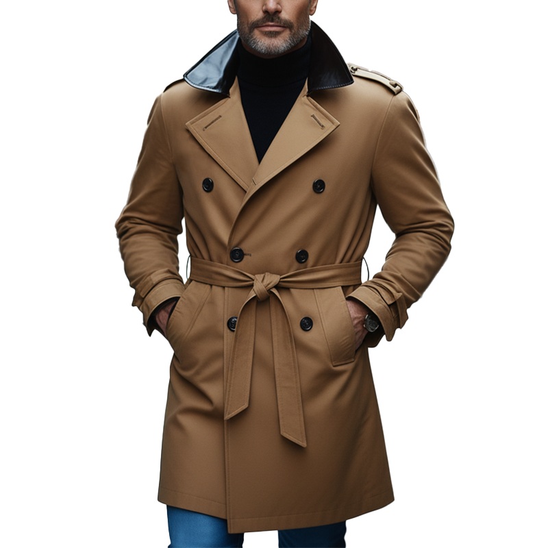 Men’s Simple Retro PU Faux Leather Collar Cotton Blend Trench Coat(with Belt) MTA0454K7P Camel