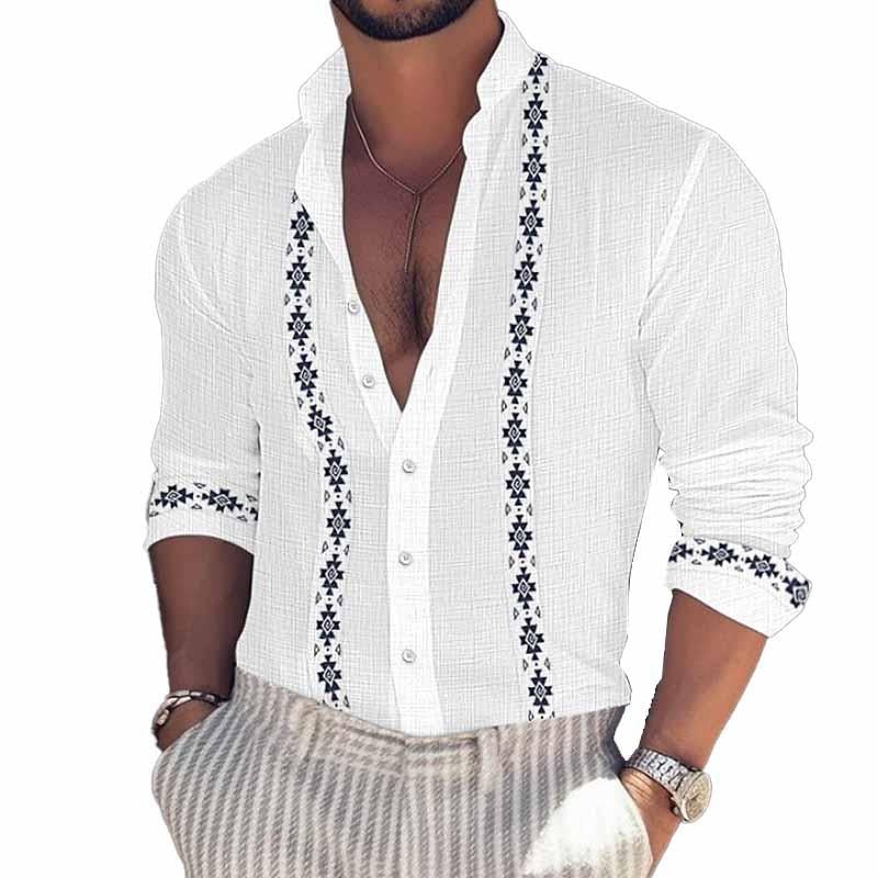 Men’s Summer Print Beach Vacation Stand Collar Long Sleeve Shirt 72122320X White