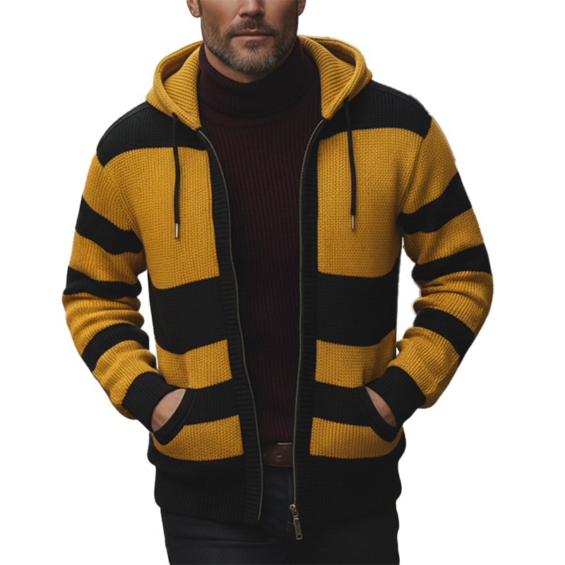 Men’s Winter Retro Color Block Cotton Yarn Knitted Hooded Cardigan MTA0349K3P Yellow