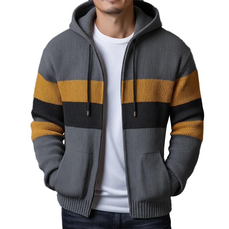 Men’s Winter Retro Color Block Cotton Yarn Knitted Hooded Cardigan MTA0356K1P Grey
