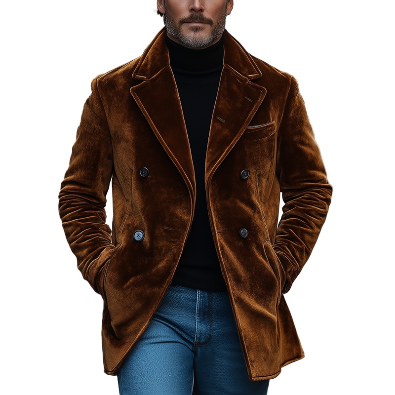 Men’s Winter Retro Glossy Velvet Double-Breasted Warm Jacket MTA0442K1P Brown