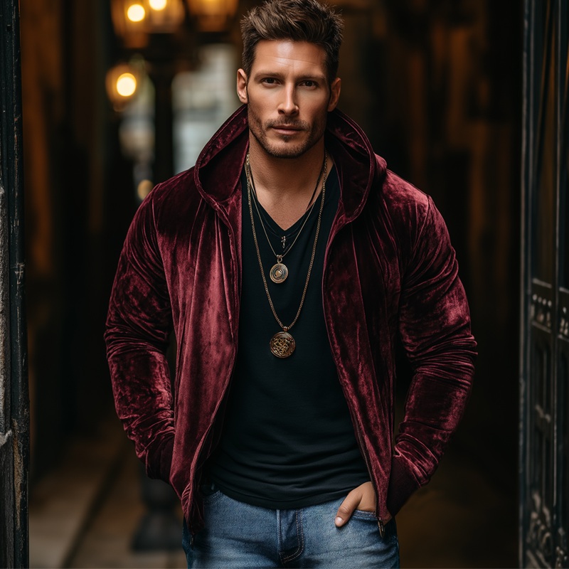 Men’s Classic Burgundy Velvet Zip-Up Hooded Jacket MTA0500K6U Burgundy
