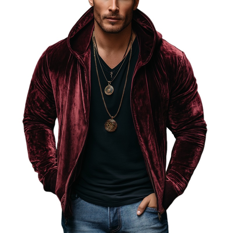 Men’s Classic Burgundy Velvet Zip-Up Hooded Jacket MTA0500K6U Burgundy