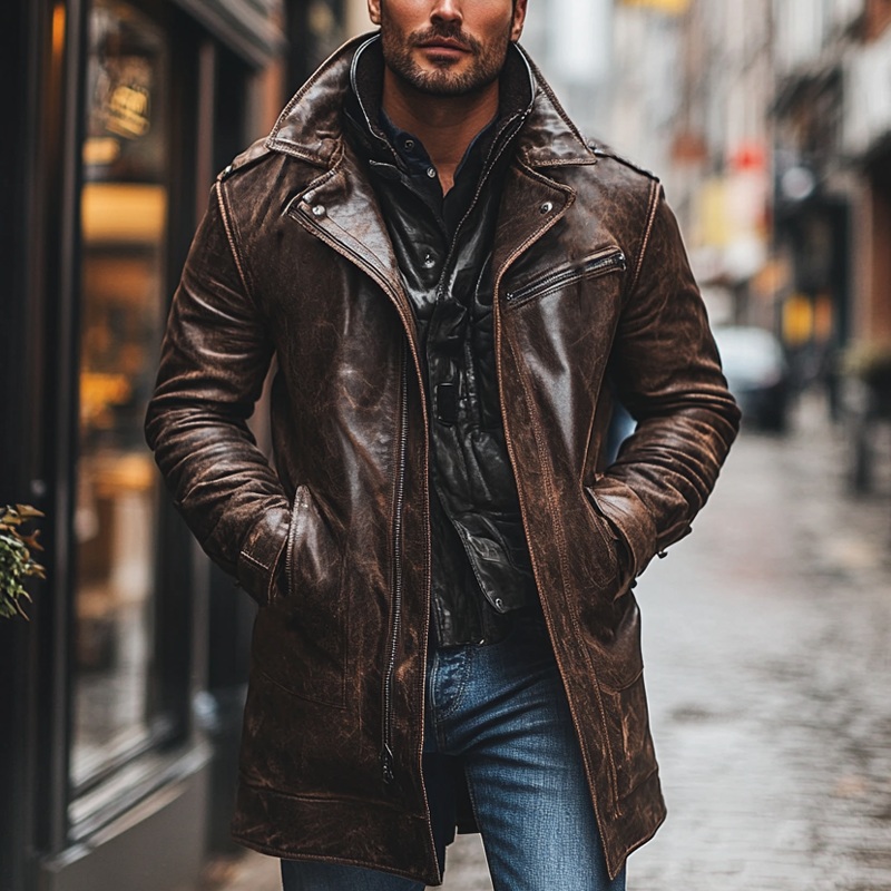 Men’s Retro PU Collar Mid-Length Leather Coat MTA0583K6X Coffee Brown