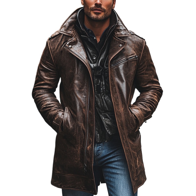 Men’s Retro PU Collar Mid-Length Leather Coat MTA0583K6X Coffee Brown