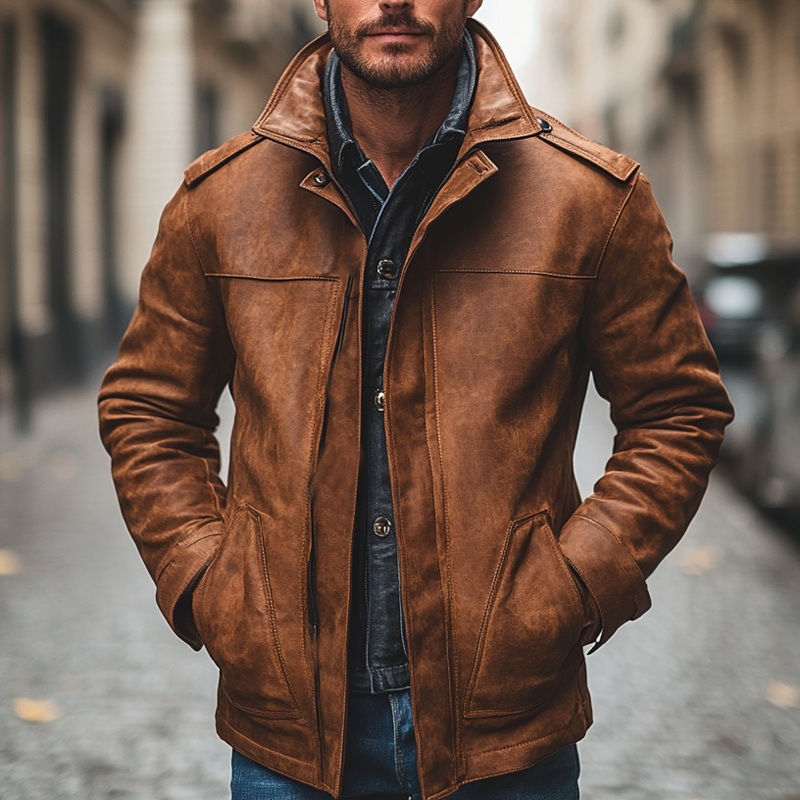 Men’s Retro Solid Color Lapel Zipper PU Jacket MTA0535K9X Brown