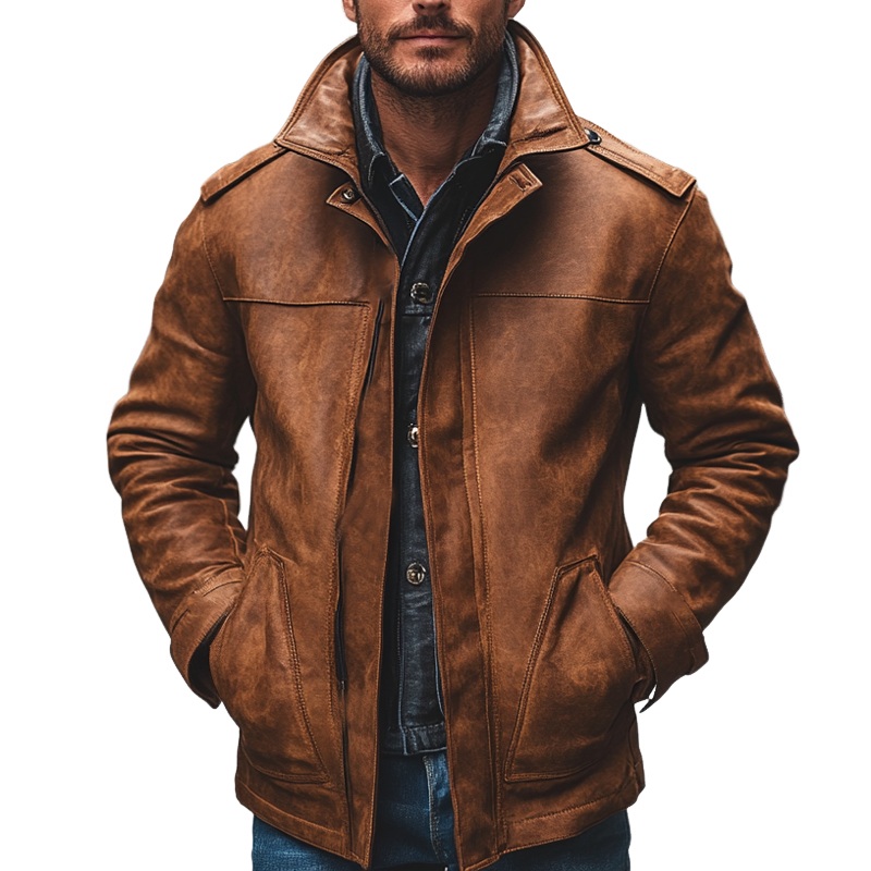 Men’s Retro Solid Color Lapel Zipper PU Jacket MTA0535K9X Brown