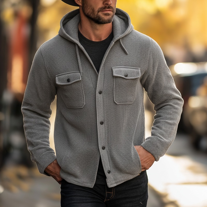 Men’s Simple Knit Ribbed Hooded Button-Up Shirt MTA0587K3P Grey