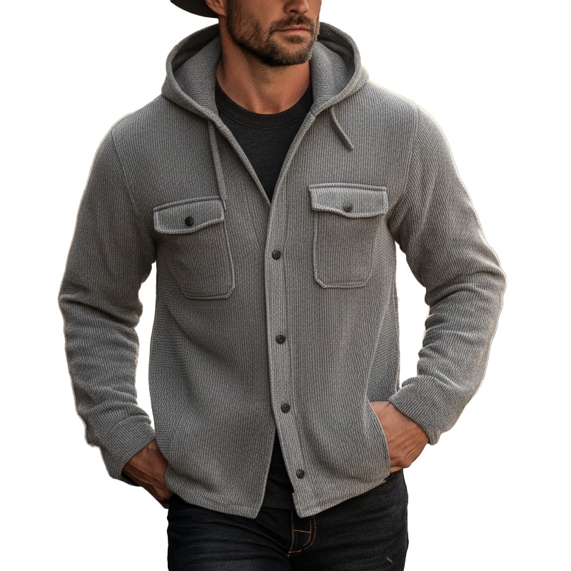 Men’s Simple Knit Ribbed Hooded Button-Up Shirt MTA0587K3P Grey