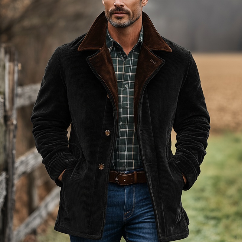 Men’s Winter Retro Color Block Corduroy Button Jacket MTA0542K9P Black