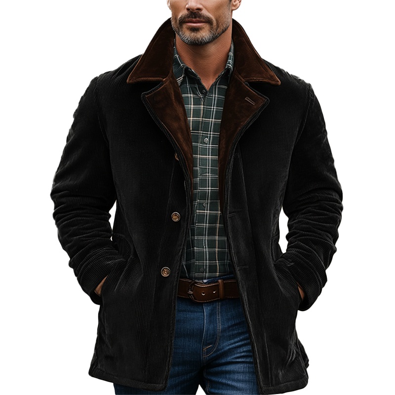 Men’s Winter Retro Color Block Corduroy Button Jacket MTA0542K9P Black